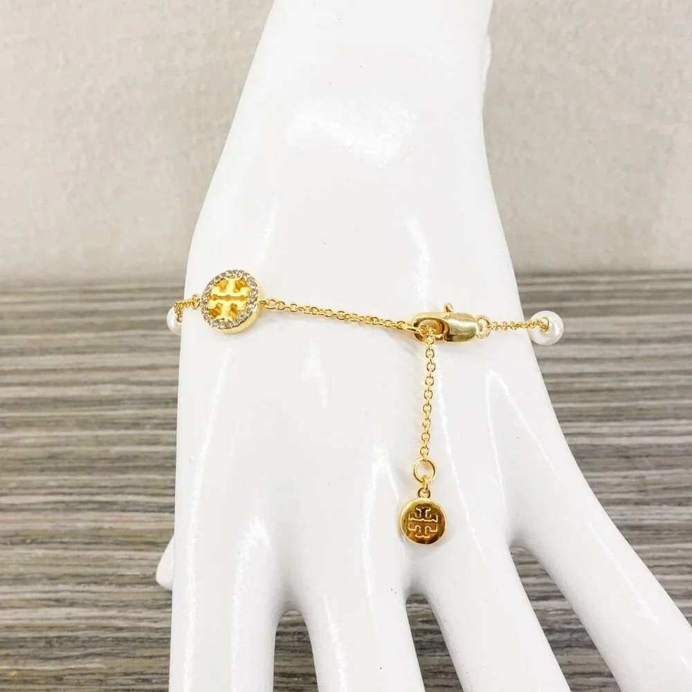 Tory Burch Crystal Logo & Imitation Pearl Station Bracelet Ivory/Tory Gold OS